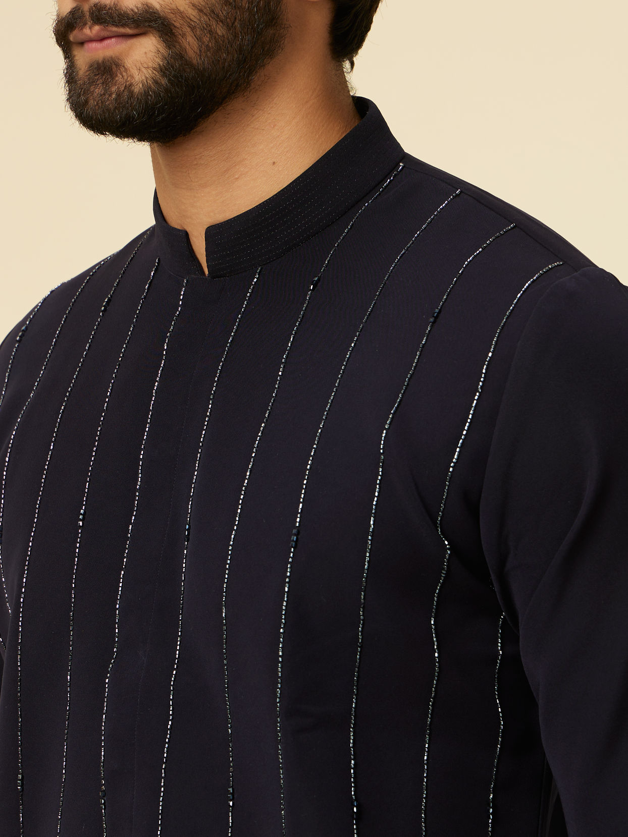 alt message - Manyavar Men Dark Blue Striped Patterned Kurta image number 1